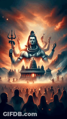 A Painting Of A Deity Holding A Trident In Front Of A Crowd Of People GIF