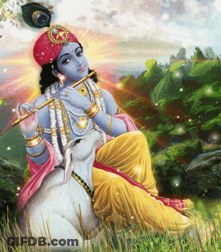 A Painting Of A Deity Playing A Flute While Sitting Next To A Cow GIF