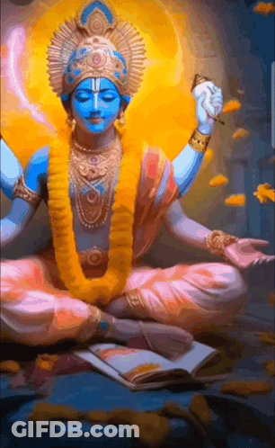 A Painting Of A Deity Sitting In A Lotus Position Holding A Book GIF