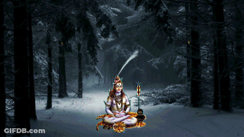 A Painting Of A Deity Sitting In A Lotus Position In The Middle Of A Snowy Forest GIF