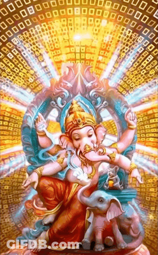 A Painting Of A Deity Sitting On A Throne With An Elephant GIF