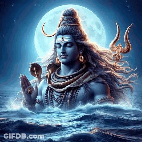 A Painting Of A Deity Standing In The Ocean With A Full Moon In The Background GIF