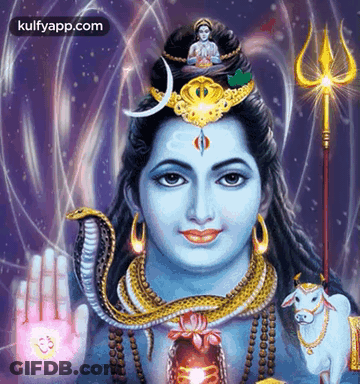A Painting Of A Deity With A Snake Around His Neck And A Cow In The Background GIF