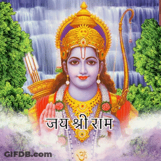 A Painting Of A Deity With A Waterfall In The Background And The Words " Jay Shri Ram " Below Him GIF