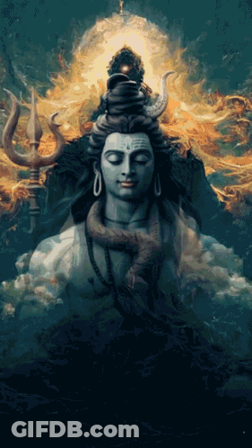 A Painting Of A Deity With Horns And A Trident On His Head GIF