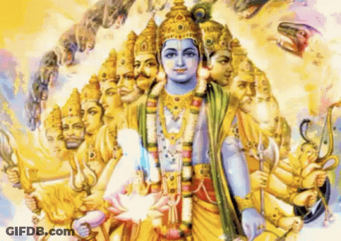 A Painting Of A Deity With Many Faces On His Head GIF