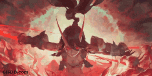 A Painting Of A Demon With Red Eyes Surrounded By Flames GIF