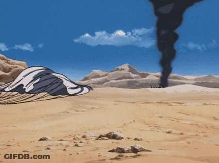 A Painting Of A Desert Scene With Smoke Coming Out Of It GIF