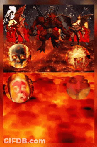 A Painting Of A Devil Surrounded By Skulls GIF