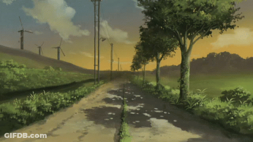 A Painting Of A Dirt Road With Trees And Windmills GIF