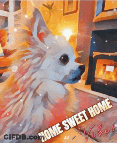 A Painting Of A Dog In A Living Room With The Words Home Sweet Home Above It GIF
