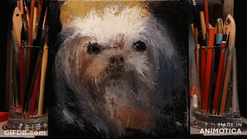 A Painting Of A Dog With The Words Made In Animotica Below It GIF