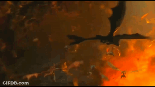 A Painting Of A Dragon Flying Through A Fire Filled Sky . GIF