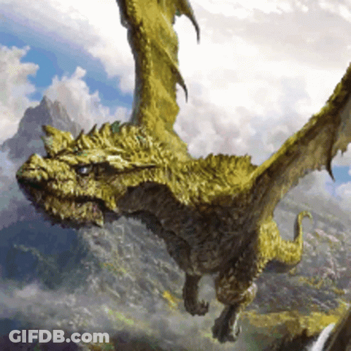A Painting Of A Dragon Flying Through The Air With Mountains In The Background GIF
