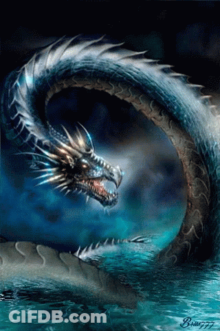 A Painting Of A Dragon In The Water With The Watermark Bran777 GIF