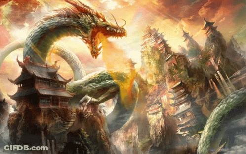 A Painting Of A Dragon Surrounded By Buildings On A Hillside GIF