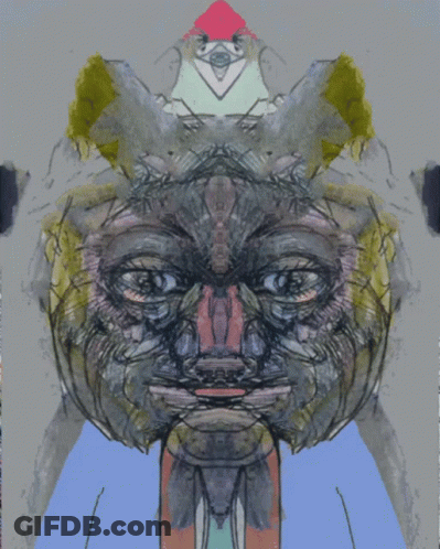 A Painting Of A Face With A Bird On Top GIF