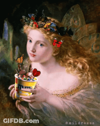 A Painting Of A Fairy Holding A Cup Of M & Ms GIF
