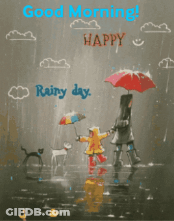 A Painting Of A Family Holding Umbrellas In The Rain GIF