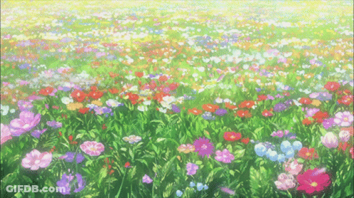 A Painting Of A Field Of Colorful Flowers And Greenery GIF