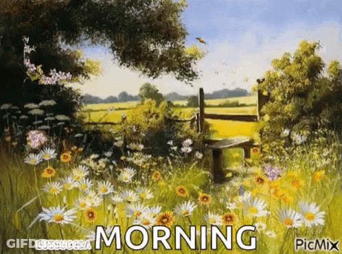 A Painting Of A Field Of Daisies With A Wooden Bench In The Middle Of It . GIF