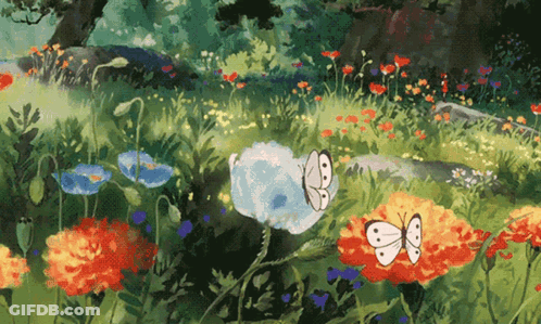 A Painting Of A Field Of Flowers And Butterflies GIF
