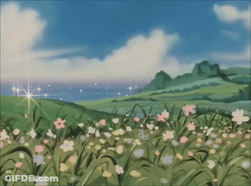 A Painting Of A Field Of Flowers With A Blue Sky In The Background GIF