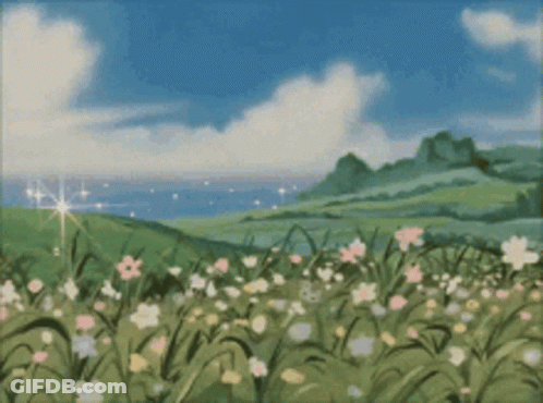 A Painting Of A Field Of Flowers With A Body Of Water In The Background . GIF