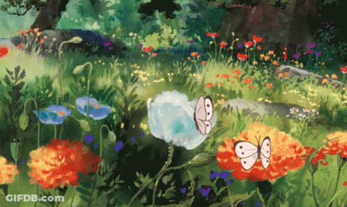 A Painting Of A Field Of Flowers With Butterflies In It GIF
