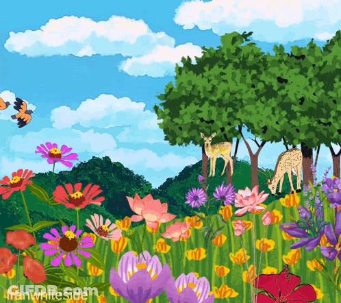 A Painting Of A Field Of Flowers With The Name Franwhiteside On The Bottom GIF