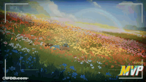 A Painting Of A Field Of Flowers With The Word Mvp On The Bottom Right GIF