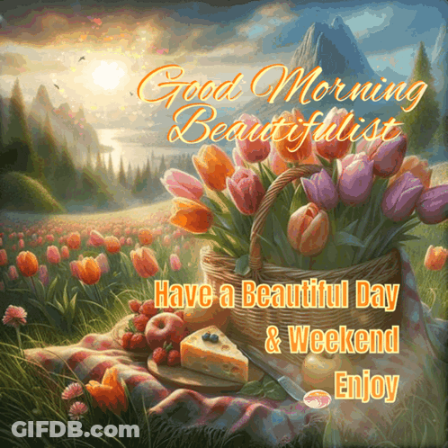 A Painting Of A Field Of Flowers With The Words Good Morning Beautifulist Have A Beautiful Day And Weekend Enjoy GIF