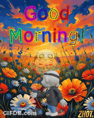 A Painting Of A Field Of Flowers With The Words Good Morning Written On It GIF