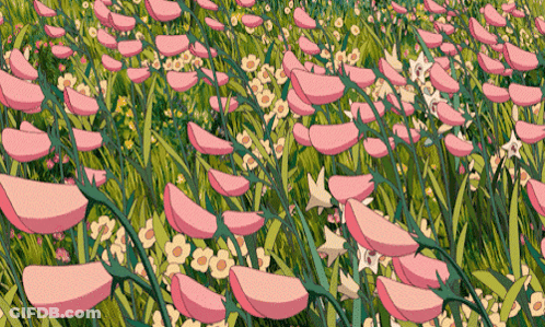A Painting Of A Field Of Pink Flowers GIF