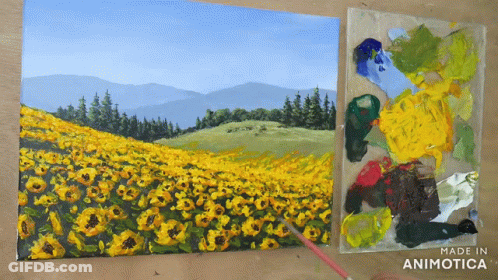 A Painting Of A Field Of Sunflowers Is Being Painted GIF