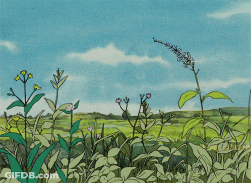 A Painting Of A Field With Flowers And Leaves GIF