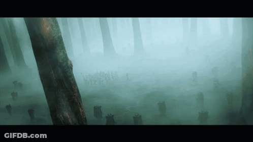A Painting Of A Foggy Forest With Trees And Skeletons GIF