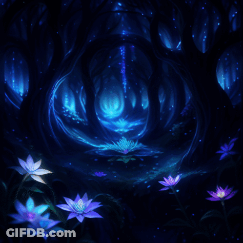 A Painting Of A Forest With Flowers And Trees GIF