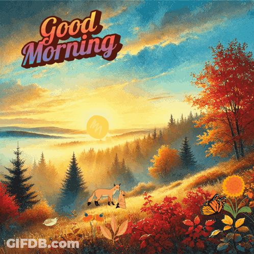 A Painting Of A Forest With The Words " Good Morning " On It GIF