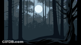 A Painting Of A Forest With Trees And A Full Moon GIF