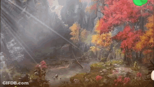 A Painting Of A Forest With Trees And Flowers In The Background GIF
