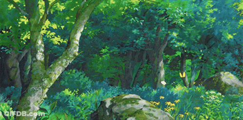 A Painting Of A Forest With Trees And Flowers GIF