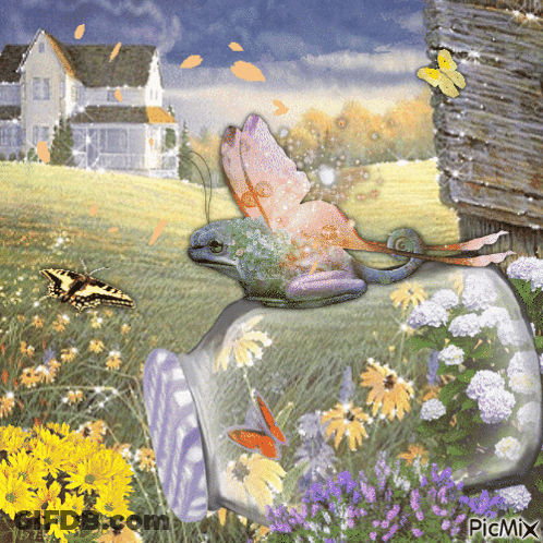 A Painting Of A Frog In A Vase With Butterflies And Flowers And The Words Picmix On The Bottom GIF
