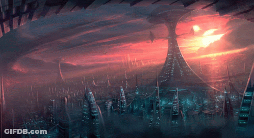 A Painting Of A Futuristic City With A Giant Tower In The Middle GIF