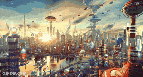 A Painting Of A Futuristic City With A Roller Coaster GIF