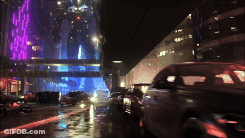 A Painting Of A Futuristic City With Cars And A Robot In The Background GIF