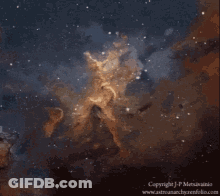 A Painting Of A Galaxy With The Copyright J.p. Messiainio On The Bottom GIF
