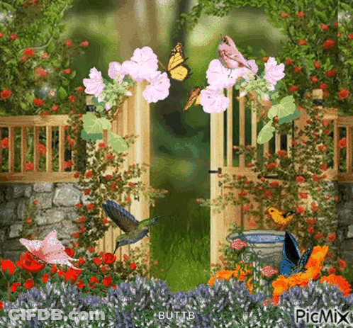 A Painting Of A Garden With Butterflies And Flowers GIF