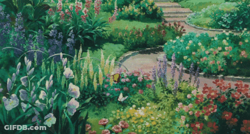 A Painting Of A Garden With Lots Of Flowers GIF