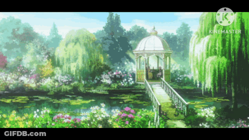 A Painting Of A Gazebo In A Garden With A Bridge Over A Pond GIF